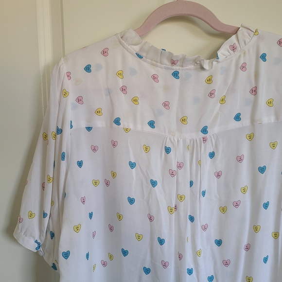White Conversation Hearts Valentine Ruffle Short Sleeve Blouse Large - Picture 4 of 8